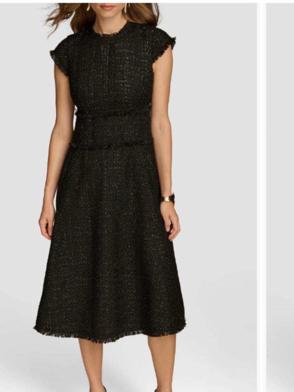 Donna Karan Women's Size 12 Black Metallic Tweed Midi Dress Cap Sleeve